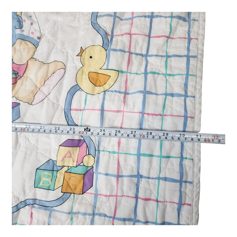 Vintage Teddy Bear Nursery Baby Quilt Reversible Footprint Grid Pastel 38x32